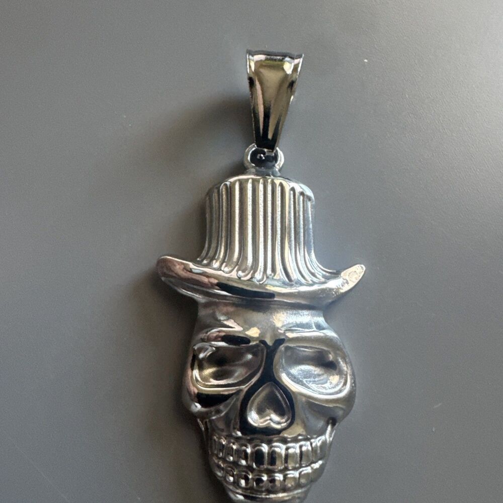 Top Hat Skull Head Silver Tone Pendant Stainless Steel 24” Chain Gothic Punk
